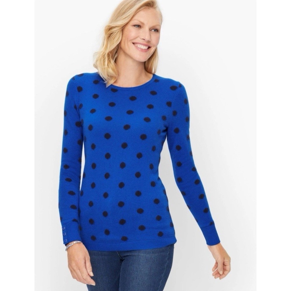 Talbots Cashmere Crew Neck Sweater Blue Polka Dot Size L Quiet Luxury Cozy‎ Work